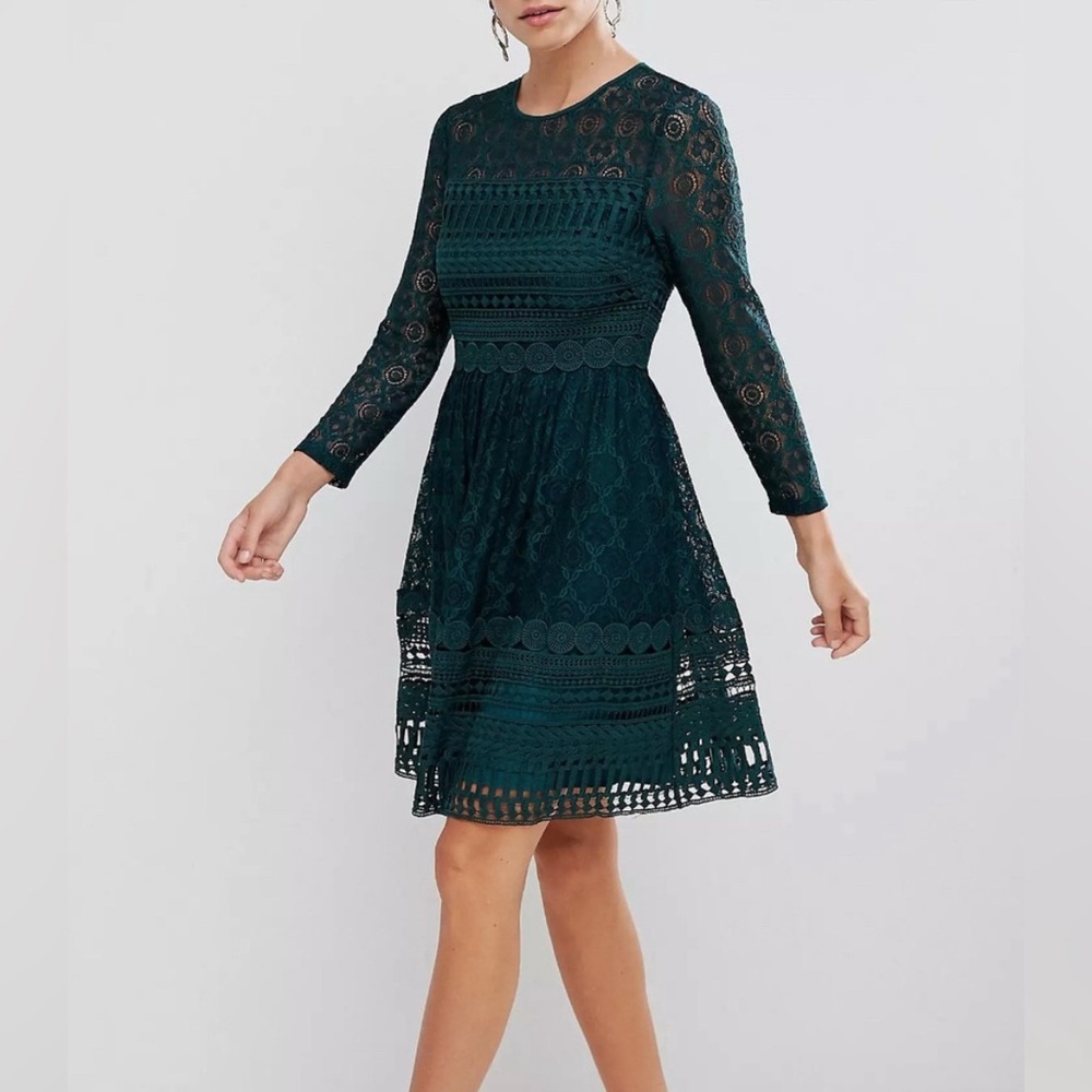 ASOS DESIGN Premium Lace Mini Skater Long Sleeve Dress